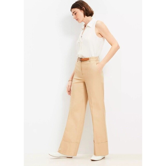 Women’s LOFT Stovepipe Pants In Twill 10 Beige Ivory NWT Faux Leather Brown Belt - Picture 1 of 6
